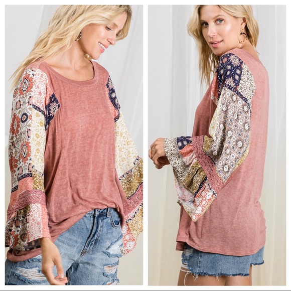 Bohemian print & solid knit fabric color block top - Picture 2 of 7